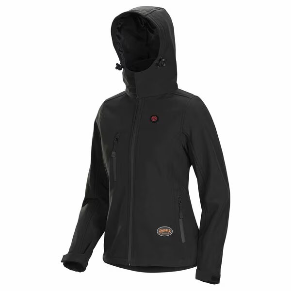 Women's Heated Softshell Jacket, 4 Settings, 4-Way Stretch, Detachable Hood, Black, L, Pioneer, Mfr#: V3210570U-L