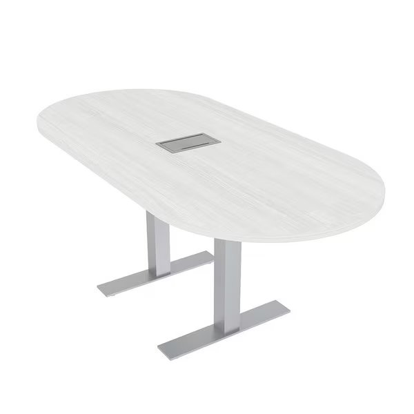 6 Person Small Racetrack Table with T Bases and Power Module, 6Ft Meeting Table, White Cypress, Skutchi Designs, Mfr#: HAR-RAC-34X70-T-ELEC-WHCYPRESS