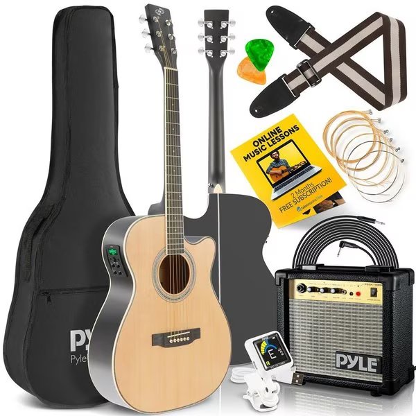 40” Inch   6-String Electric Acoustic Guitar With Amplifier - Guitar with Digital Tuner & Accessory, Pyle, Mfr#: PEAGKT100