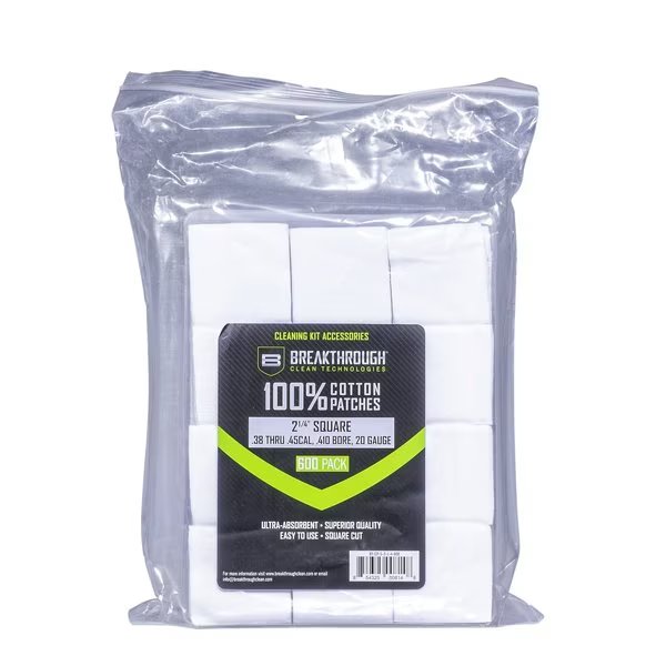 Cotton Patches, 2.25in. Square, .38 Thru .45 Caliber, .410 Bore & 20-Gauge, 600-Pack w/ Plastic Tray, Breakthrough Clean Technologies, Mfr#: BT-CP-S-2-1/4-600