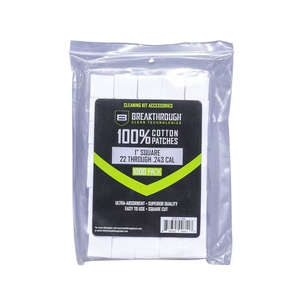 Cotton Patches, 1 in. Square, .22 Thru .243 Caliber, 1,000-Pack w/ Plastic Tray, Breakthrough Clean Technologies, Mfr#: BT-CP-S-1-1000