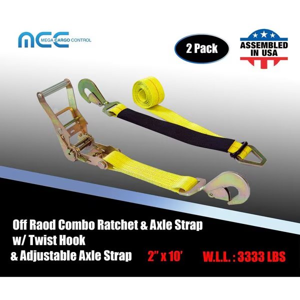 Axle Ratchet Tie Down Strap w/ Snap Hook Race Car Hauler Trailer Flatbed Yellow, 2PK, Tie 4 Safe, Mfr#: RT42-10-Y-C-2