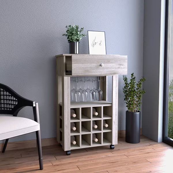 Memphis Bar Cart, Twelve Built-in Wine Rack, Four Legs, One Open Shelf, Light Gray, Tuhome, Mfr#: BLZ6720