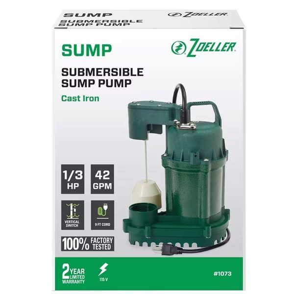 0.33 HP 42 GPH Cast Iron Vertical Float Switch AC Bottom Suction Submersible Sump Pump, Zoeller, Mfr#: ZO7989