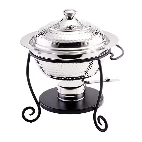 Old Dutch International 680 10 x 10.5 x 12 in. Hammered Stainless Steel Round Chafing Dish with Black Iron Stand - 1.75 qt., Old Dutch International, Mfr#: 680