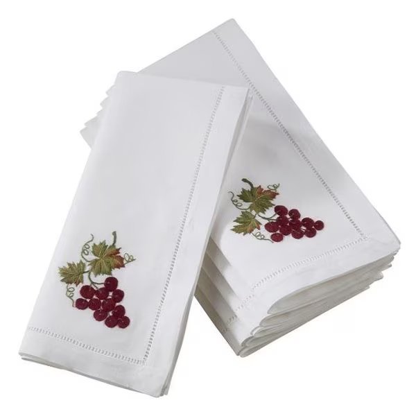 SARO NM137.W20S 20 in. Broderie Square Cotton Table Napkins with Embroidered Grape Design - White  Set of 6, Saro Lifestyle, Mfr#: NM137.W20S