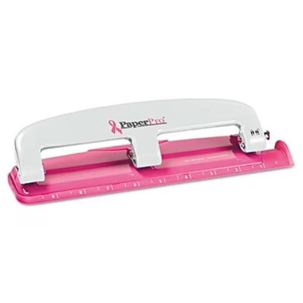 Accentra 2188 12-Sheet Capacity Pink Ribbon Compact Three-Hole Punch; Rubber Base; Pink, Accentra, Mfr#: 2188