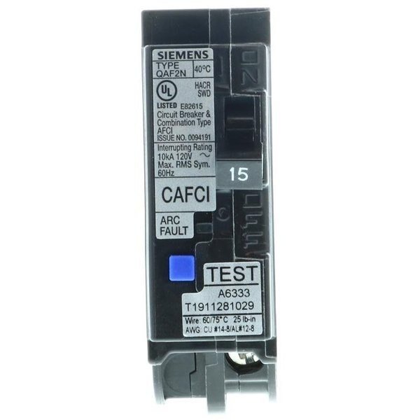 Combination Circuit Breaker, 15A, 1 Pole, 120V AC, 10kA at 120V AC, Siemens, Mfr#: QA115AFCN