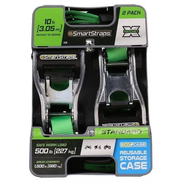 TieDown, 1 in W, 10 ft L, Polyester, Green, 500 lb, SHook End Fitting, Steel End Fitting, Smartstrap, Mfr#: 338
