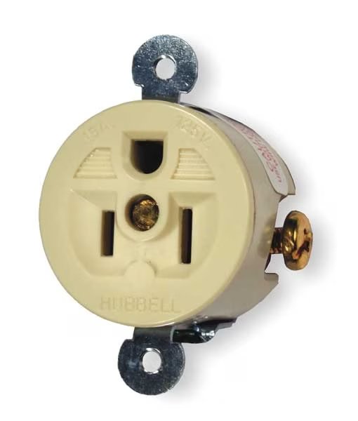 Receptacle, 15 A Amps, 125V AC, Panel Mount, Single Outlet, 5-15R, Ivory, Hubbell, Mfr#: HBL5258I