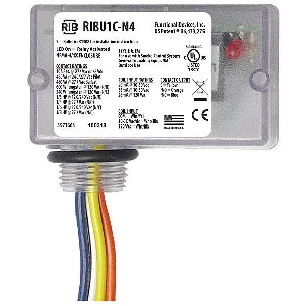 Enclosed Pre-Wired Relay, 10A@277VAC, SPDT, Functional Devices-Rib, Mfr#: RIBU1C-N4