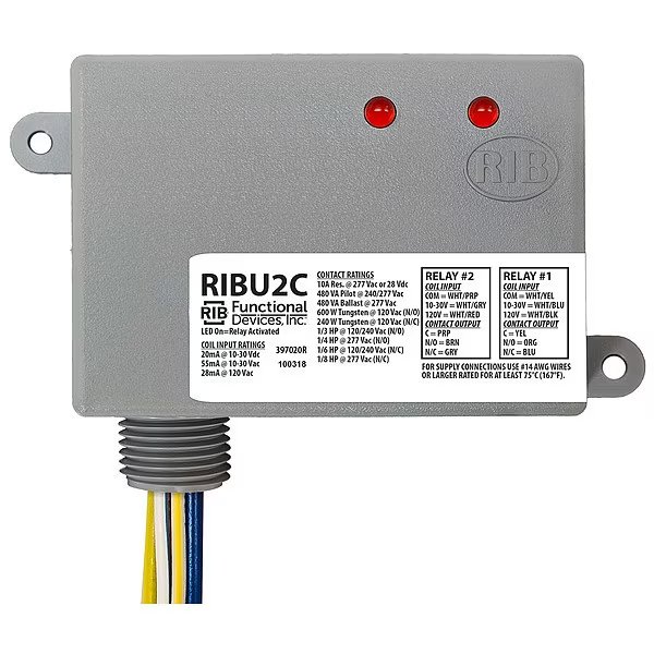 Enclosed Pre-Wired Relay, 10A, (2) SPDT, Functional Devices-Rib, Mfr#: RIBU2C