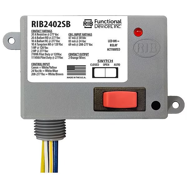Enclosed Pre-Wired Relay, 20A@277VAC, SPST, Functional Devices-Rib, Mfr#: RIB2402SB