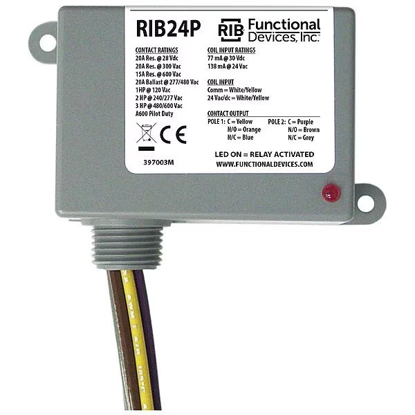 Enclosed Pre-Wired Relay, 20A@300VAC, DPDT, Functional Devices-Rib, Mfr#: RIB24P