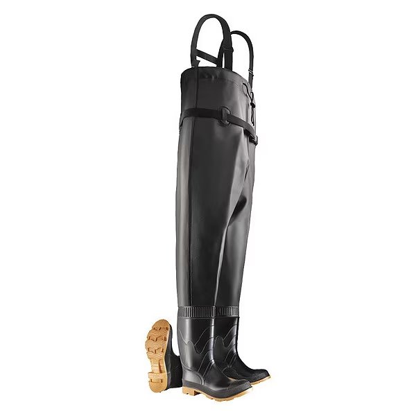 Men's Chest Wader, Steel Toe, Defined Heel, Waterproof, Heavy PVC Upper, Black, Size 7, Dunlop, Mfr#: 8606700