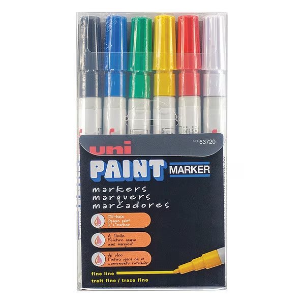 Permanent Marker, Fine Tip, Black, Blue, Green, Red, White, Yellow Color Family, Paint, 6 PK, Uni-Paint, Mfr#: 63720