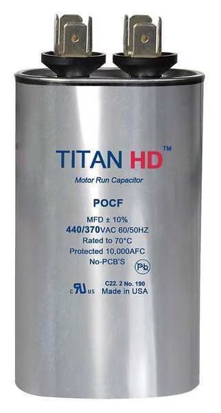Motor Run Capacitor, 60 MFD, 440V, Oval, Titan Hd, Mfr#: POCF60A