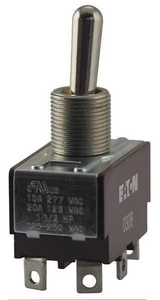 Toggle Switch, DPDT, 6 Connections, On/Off/On, 1 1/2 hp, 10A @ 277V AC, 20A @ 125V AC, Eaton, Mfr#: XTD4B1A