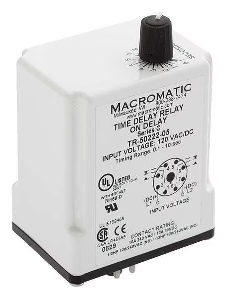 Time Delay Rlay, 24VAC/DC, 10A, DPDT, 3 sec., Macromatic, Mfr#: TR-50528-12