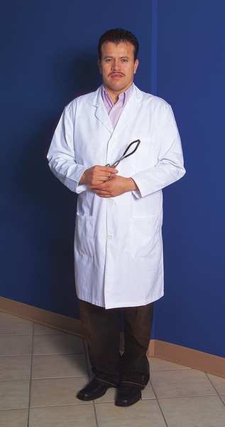 Lab Coat, XS, White, 34in, Buttons, 3 Pockets, United, Mfr#: LCMXS1