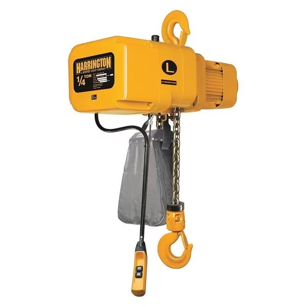 Electric Chain Hoist, 500 lb, 20 ft, Hook Mounted - No Trolley, 208/230/460V, Yellow, Harrington, Mfr#: NER003H-20