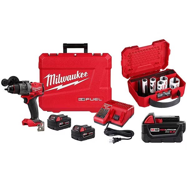 Hammer Drill Kit, Keyless, 18V, 3.3 lb, Milwaukee Tool, Mfr#: 2904-22, 48-11-1850, 49-22-4006