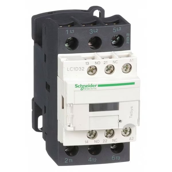 IEC Magnetic Contactor, 3 Poles, 32 A Full Load Amps-Inductive, 24V AC, 50/60 Hz, 1NO/1NC, Schneider Electric, Mfr#: LC1D32B7