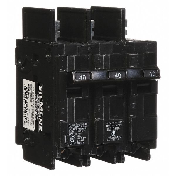 Miniature Circuit Breaker, BQ Series, 40A, 3 Pole, 240V AC, 10kA at 240V AC, Siemens, Mfr#: BQ3B040