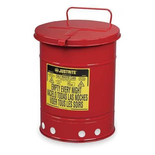 Oily Waste Can, 10 Gal., Steel, Red, Justrite, Mfr#: 09310