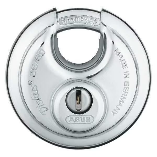 Padlock, Keyed Alike, Partially Hidden Shackle, Disc Stainless Steel Body, Steel Shackle, 1 in W, Abus, Mfr#: 26/80 KA