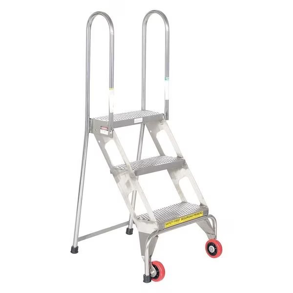 51.9375 H 202 Stainless Steel Stainless Steel Folding Ladder W/Wheels, 3 Steps, Vestil, Mfr#: FLAD-3-SS