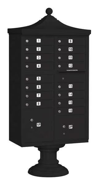 Regency Cluster Box Unit, Black, Powder Coated, 16 Doors, Pedestal, USPS Access, Salsbury Industries, Mfr#: 3316R-BLK-U