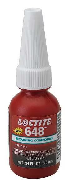 Retaining Compound, 648 Series, Green, Liquid, For Close-Fitting Parts, 10 mL Bottle, Loctite, Mfr#: 1835922