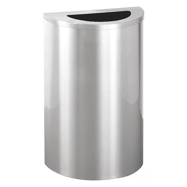 14 gal Half-Round Trash Can, Satin Aluminum, 18 in Dia, Open Top, Aluminum, Glaro, Mfr#: 1891-SA-SA
