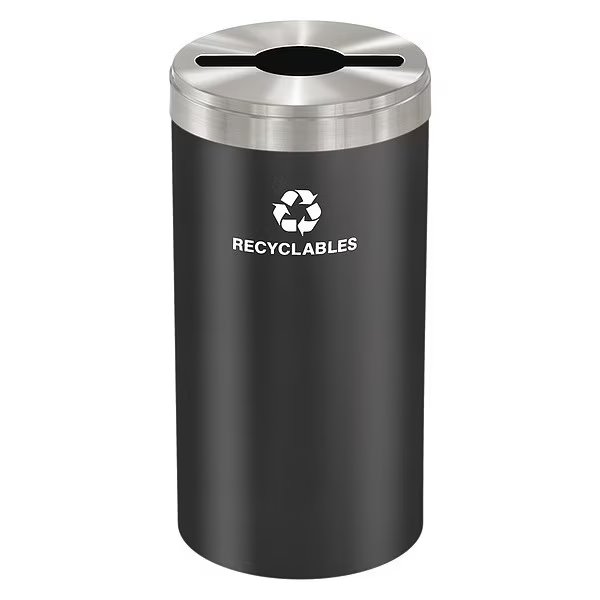 23 gal Round Recycling Bin, Open Top, Satin Black/Satin Aluminum, Steel, 1 Openings, Glaro, Mfr#: M-1542BK-SA-R