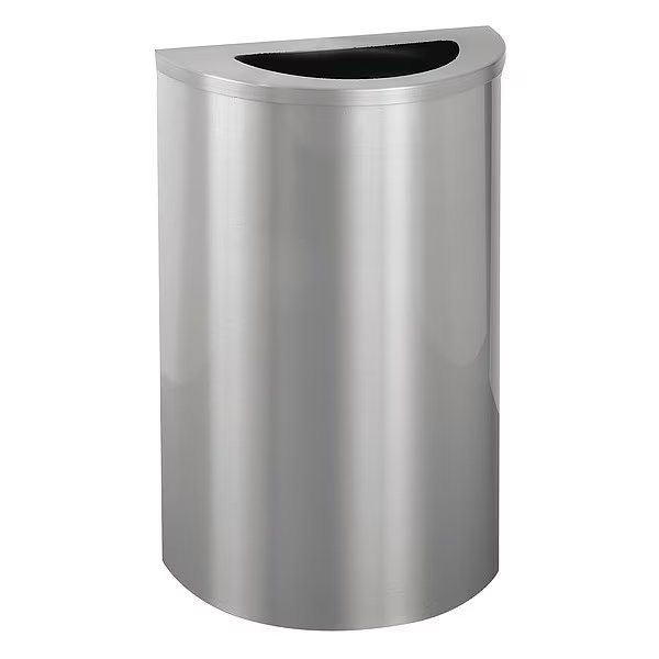 14 gal Half-Round Trash Can, Satin Aluminum, 18 in Dia, Open Top, Aluminum, Glaro, Mfr#: 1891-SA-SA-WM189