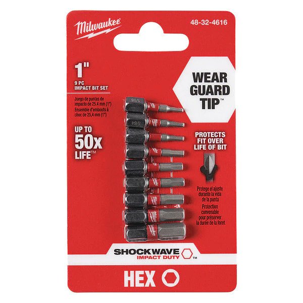 SHOCKWAVE Impact Hex Insert Bit Set -9PC, Milwaukee Tool, Mfr#: 48-32-4616