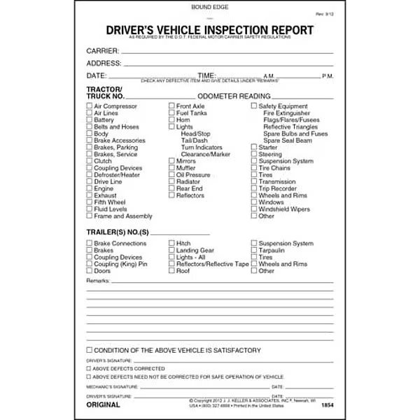 Driver Vehicle Inspection Form, Carbonless, 5 1/2x8 1/2 in, 2 Plies, Tractor/Trailer/Truck, 31 Sets, Jj Keller, Mfr#: 1854