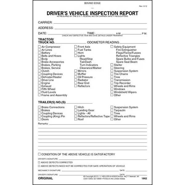 Vehicle Inspection Form, 3 Ply, Carbonless, Jj Keller, Mfr#: 1862