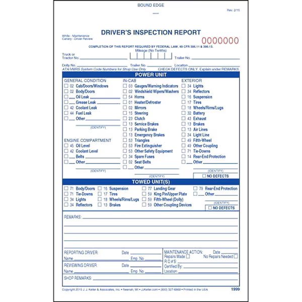 Vehicle Inspection Form, 3 Ply, Carbonless, Jj Keller, Mfr#: 1999
