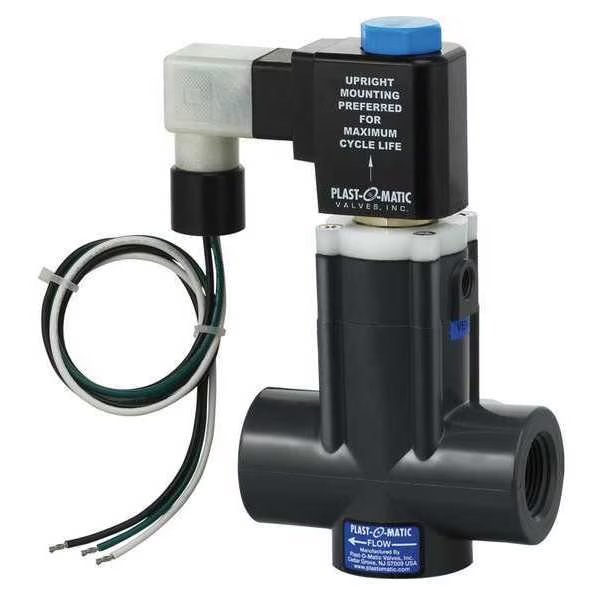 120VAC PVC Solenoid Valve, Normally Closed, 1/2 in Pipe Size, Plast-O-Matic, Mfr#: EASMT4V12W24-120/60-PV