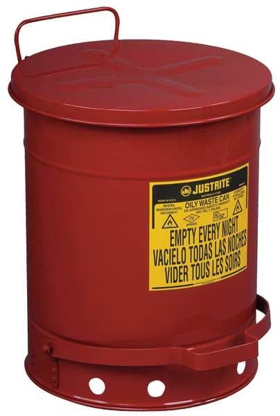 Oily Waste Can, 10 Gallon Capacity, Galvanized Steel, Red, Foot Operated Self Closing, Justrite, Mfr#: 09300