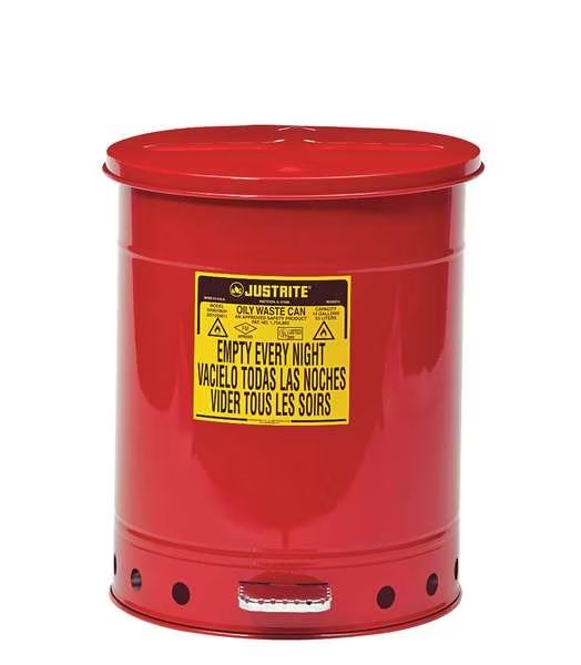 Oily Waste Can, 14 Gallon Capacity, Galvanized Steel, Red, Foot Operated Self Closing, Justrite, Mfr#: 09500