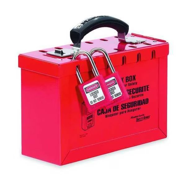 Lockout Tagout Portable Group Lock Box, Steel, Hinged, 12 Padlocks, 6 in x 9.25 in x 3.75 in, Red, Master Lock, Mfr#: 498A