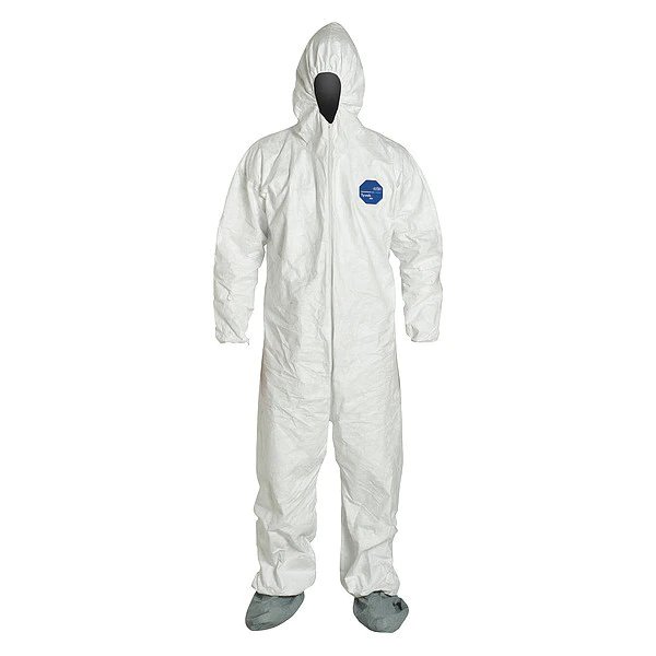 Tyvek 400 Hooded Disposable Coverall, Attached Skid-Resistant Boots, Elastic Wrist, 4XL, White, Dupont, Mfr#: TY122SWH4X0025VP