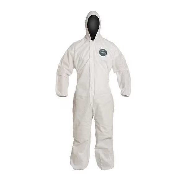 Hooded Disposable Coverall, 5XL, 25 PK, White, SMS, Zipper, Dupont, Mfr#: PB127SWH5X002500