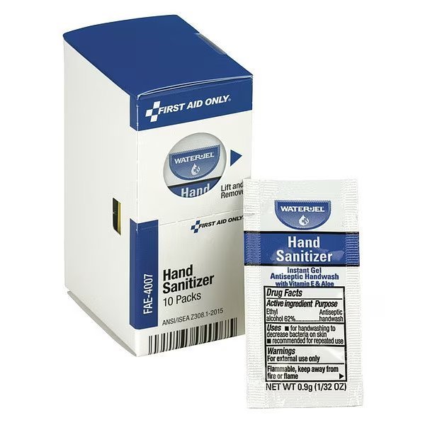Hand Sanitizer Packets, Gel, 9.38 mL, Ethyl Alcohol, Fragrance Free, 10 Pack, First Aid Only, Mfr#: FAE-4007