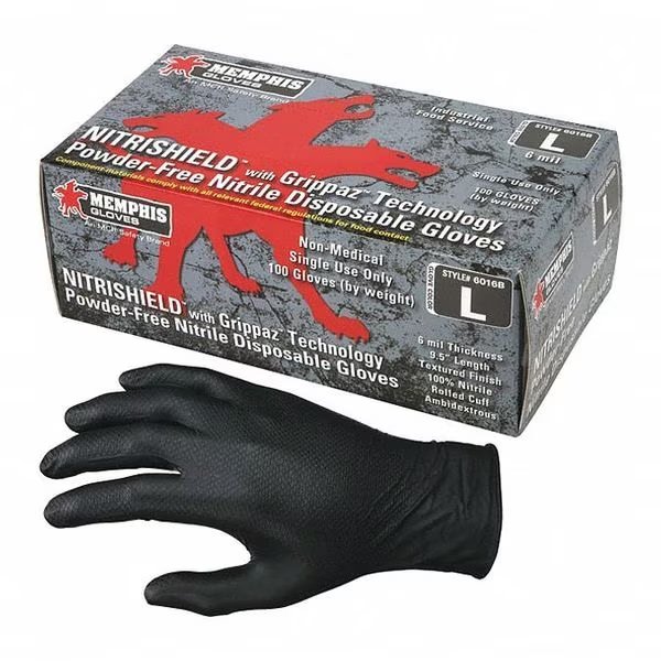 NitriShield with Grippaz, Nitrile Disposable Gloves, 6 mil Palm, Powder-Free, XL, 100 PK, Black, Mcr Safety, Mfr#: 6016BXL