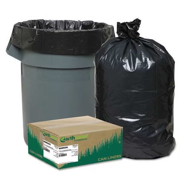 60 gal Recycling Liners, 38 in x 58 in, Extra Heavy-Duty, 1.25 mil, Black, 100 PK, Aep Earthsense, Mfr#: RNW6050