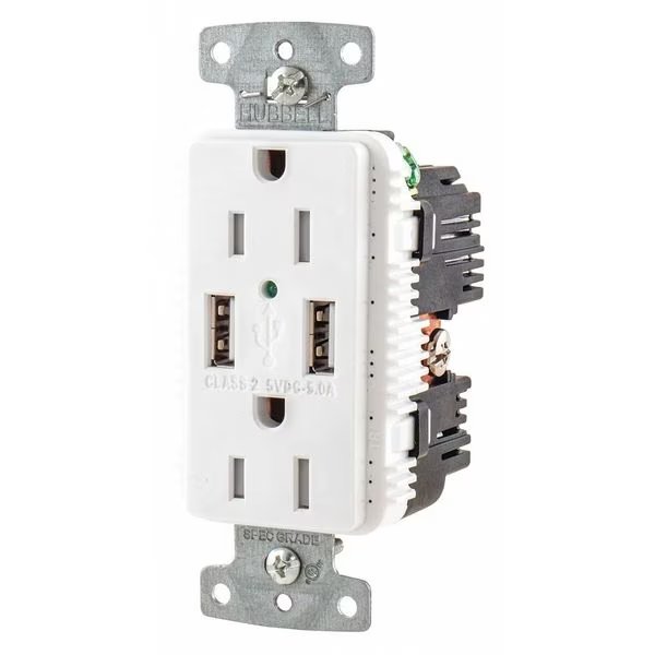 USB Charger Receptacle, 15 Amps, 125V AC, Flush Mount, Decorator Duplex Outlet, 5-15R, White, Hubbell, Mfr#: USB15A5W